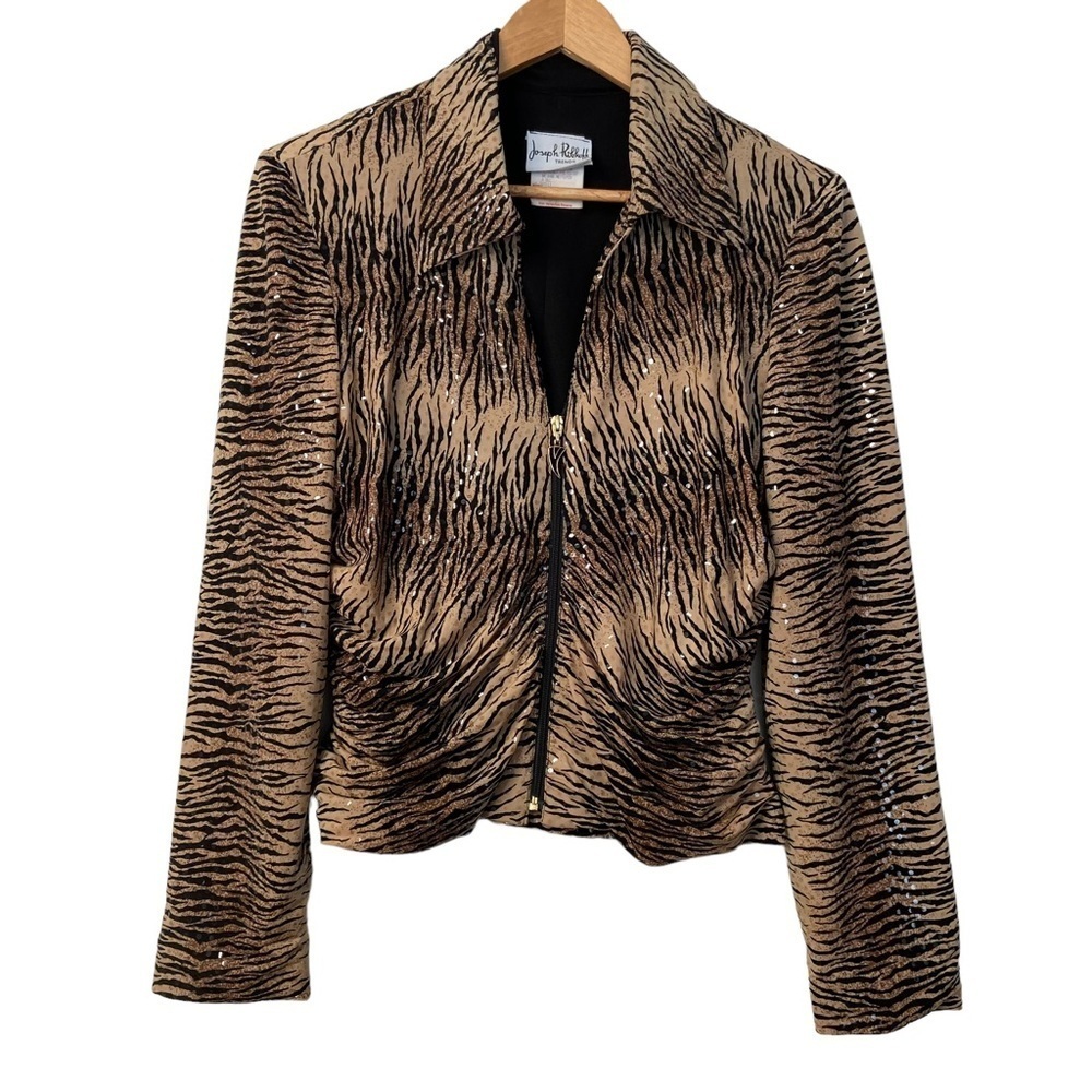 Joseph Ribkoff fitted blazer zip up animal prints sequins embellished medium